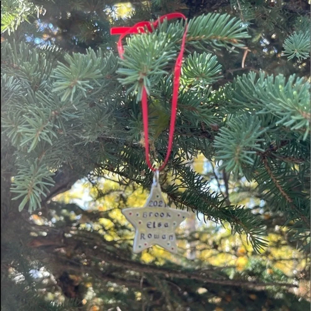 Handmade personalized Star holiday Christmas red ribbon silver aluminum ornament